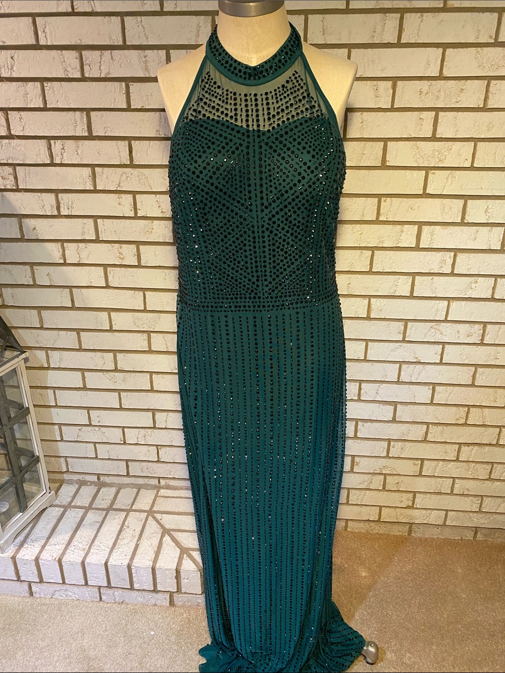 Fashion Nova Beaded Teal Halter Backless Evening Gown
